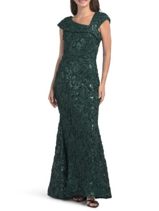 Xscape Dresses & Skirts - XSCAPE Long Soutache Cap Sleeve Asymetric Neck Dress